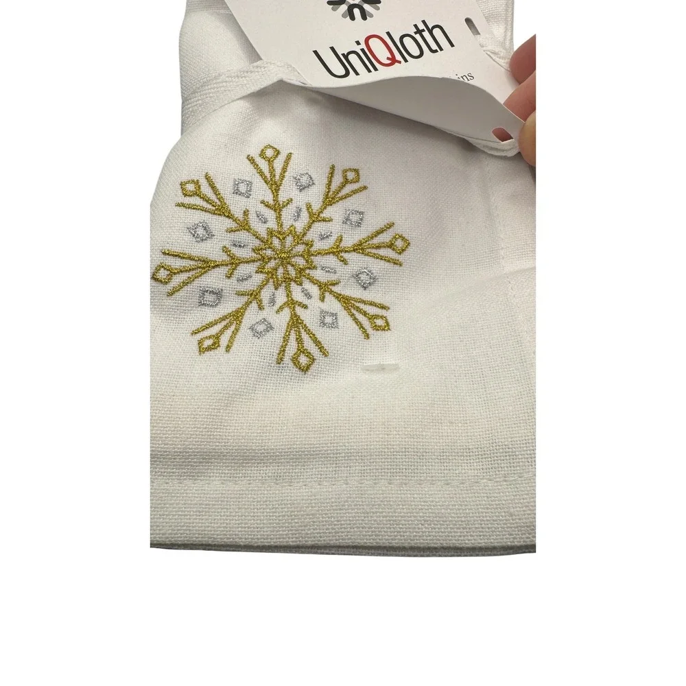 UniQloth White Cotton Dinner Napkins Set of 12 Gold Silver Snowflake Embroidery